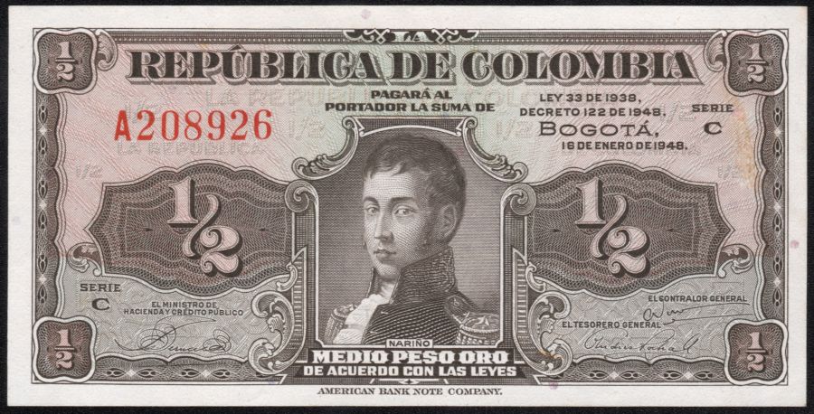1/2 Peso Oro 1948 Serial A208926