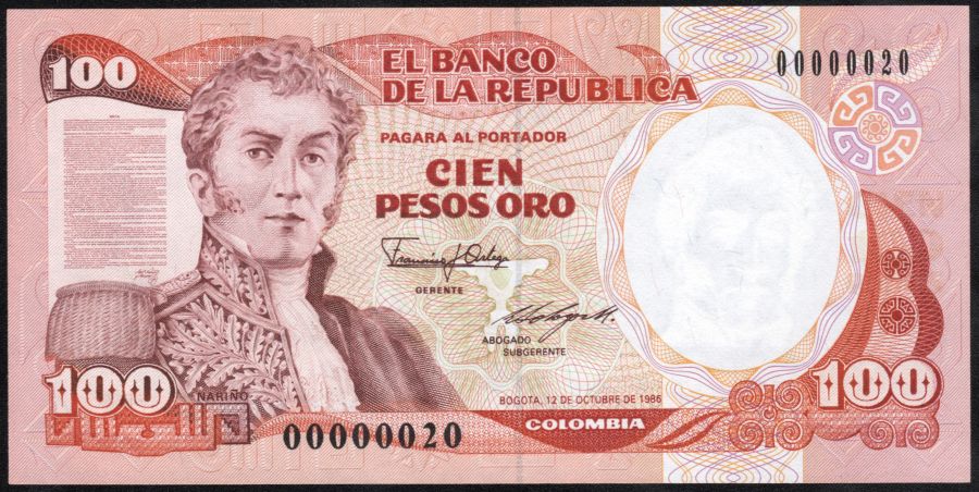 100 Pesos Oro #20 Bajo 1986