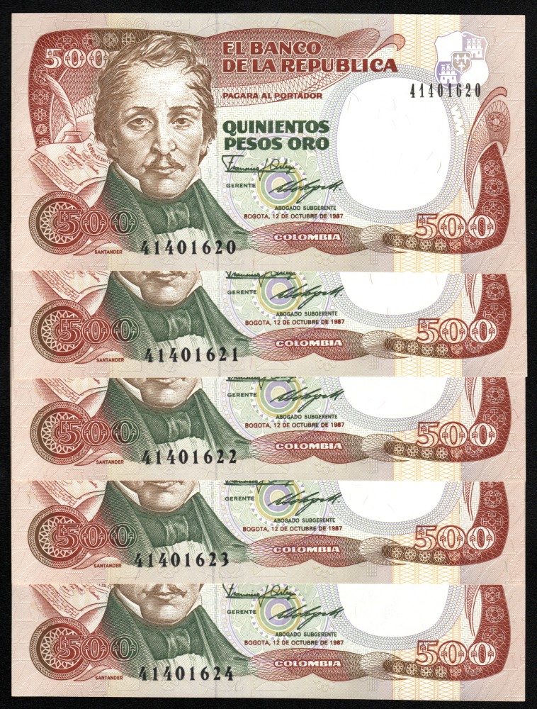 Lote 5 billetes 500 pesos consecutivos 1987