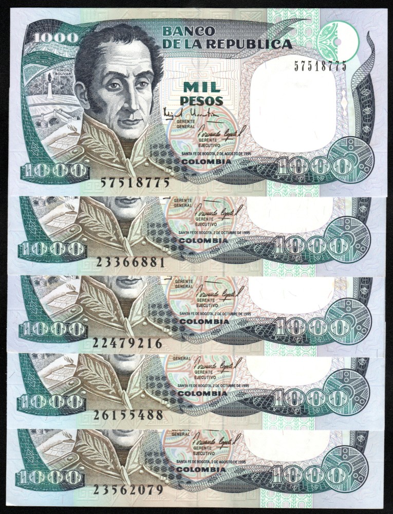 Lote 5 billetes 1000 pesos 2 de Agosto 1995