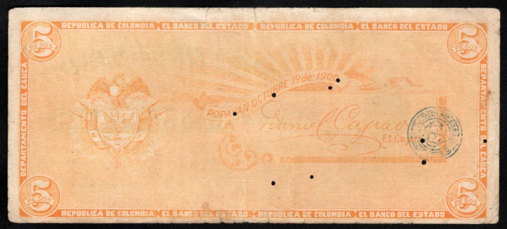 5 pesos Banco del Estado Octubre 1 de 1900